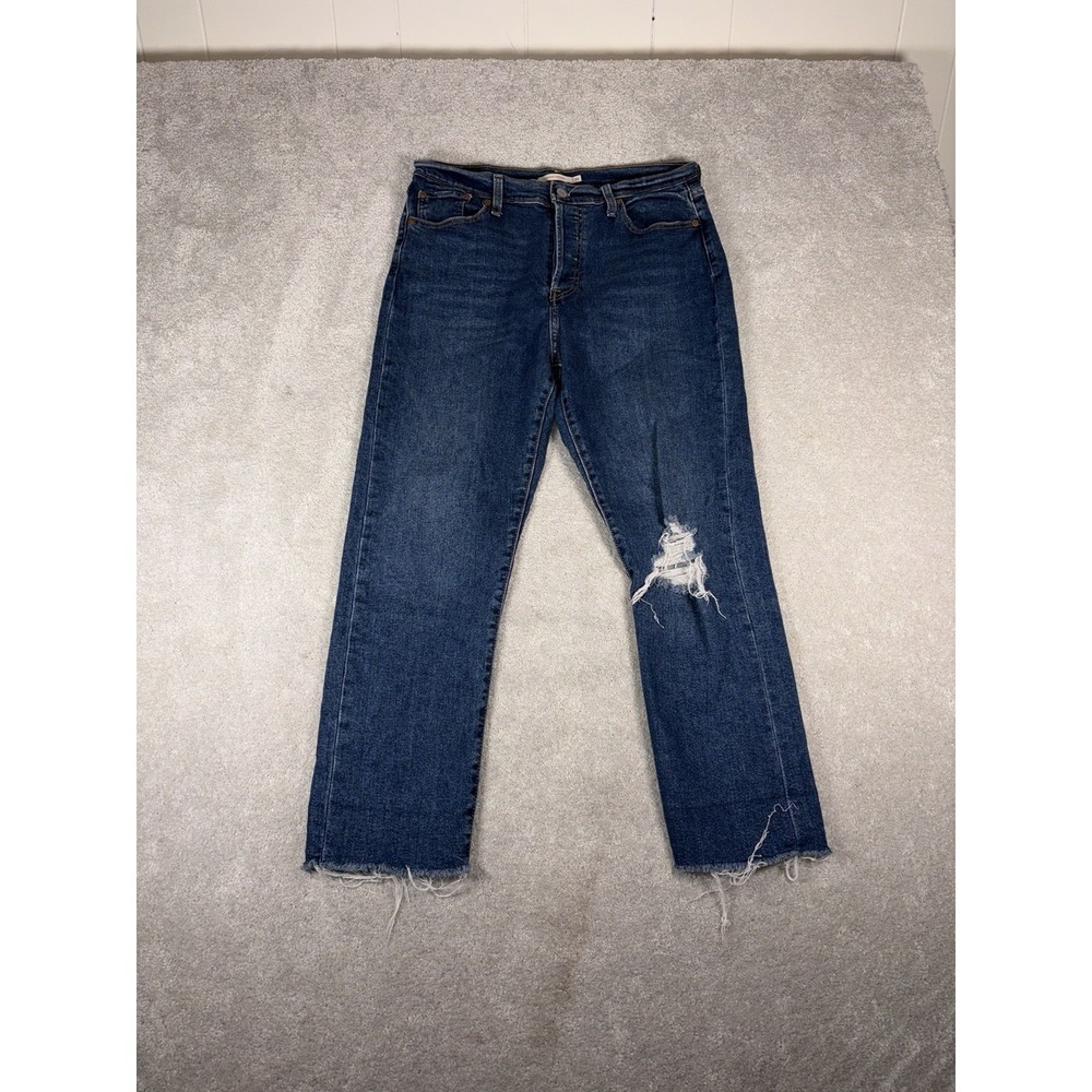 levis womens wedgie straight jeans dark wash raw hem fray 32